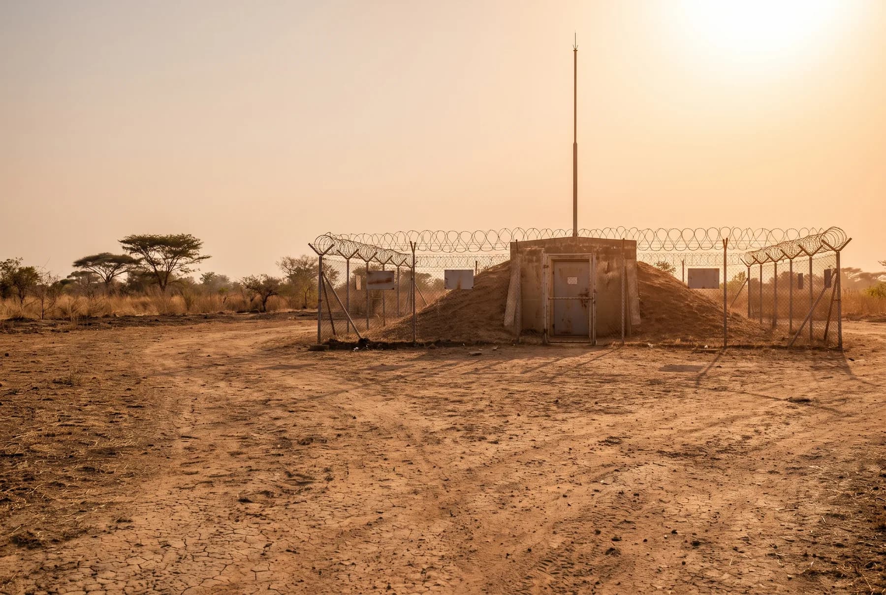 A licensed explosives magazine seen from a distance — an earth-bermed structure behind a secure perimeter fence.